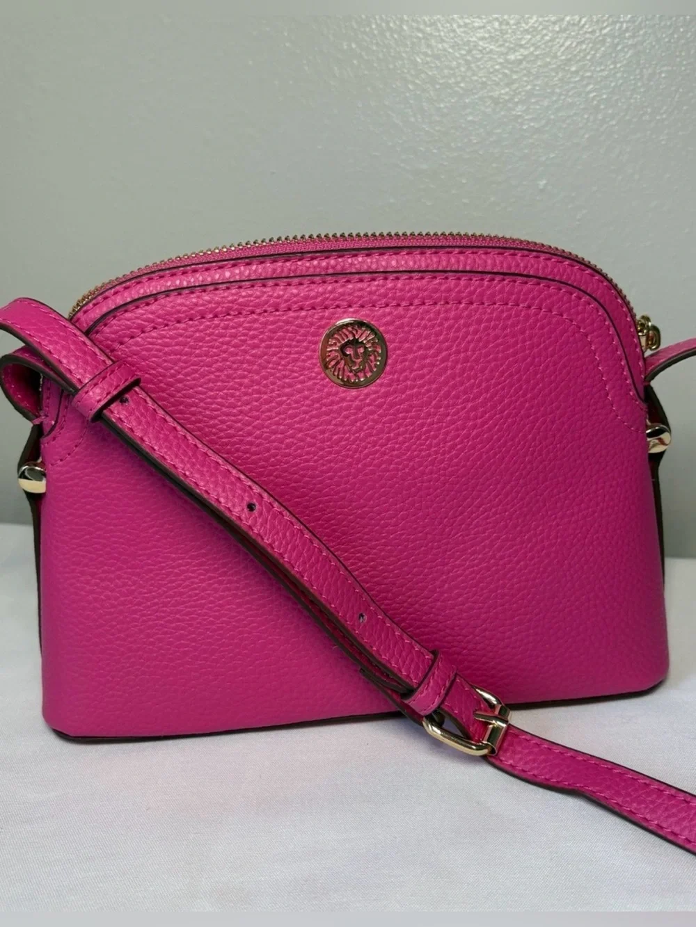 Anne Klein Hot Pink- Fuchsia Pebbled Faux Leather Crossbody with Gold Logo